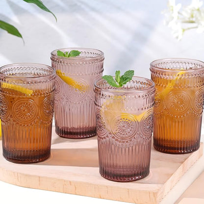 Vintage Glassware Drinking Glasses Set of 4-13 oz Purple Highball Glasses Water Tumbler, Embossed Glassware Cups for Juice, Beer, Cocktail, Whiskey, Various Mixed Drinks