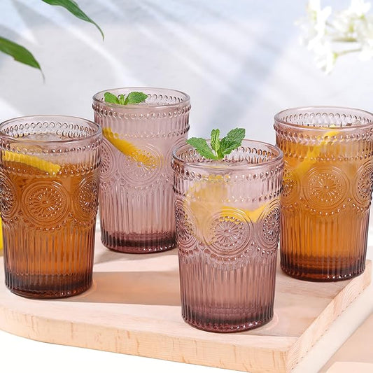 Vintage Glassware Drinking Glasses Set of 4-13 oz Purple Highball Glasses Water Tumbler, Embossed Glassware Cups for Juice, Beer, Cocktail, Whiskey, Various Mixed Drinks