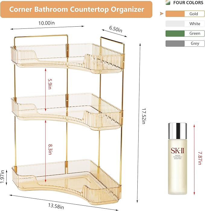 Corner Bathroom Counter Organizer Bathroom Countertop Shelf Makeup Organizer for Vanity Perfume Corner Storage (3 Tiers, Gold)