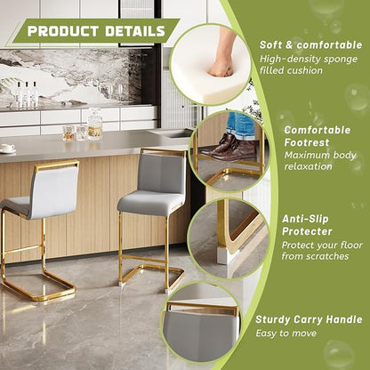 Counter Height Bar Stools Set of 6,Bar Stools with Back,25" Light Grey Island Chairs with Gold Chrome Plated Metal Leg,Faux Leather Barstools for Pub Kitchen Counter Dining Chair
