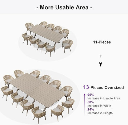 PURPLE LEAF 13 Pieces Oversized Outdoor Dining Set with Patio Aluminium Dining Table and Wicker Chairs Modern Furniture Cushions Sets for Backyard Indoor Decor Kitchen Champagne
