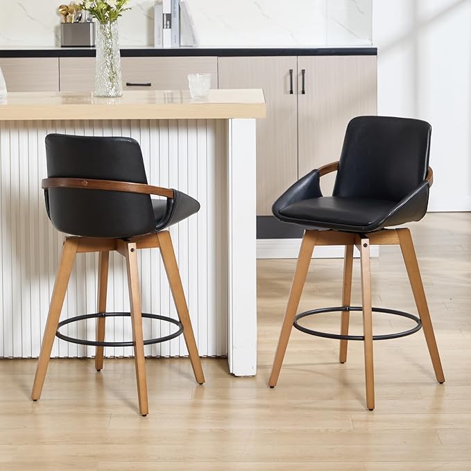 Mid-Century Swivel Bar Stools Set of 6, 26.5 inch Counter Height Barstools PU Leather Bar Chairs with Wooden Frame for Kitchen Island Dining Room, Black