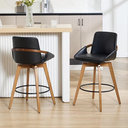 Mid-Century Swivel Bar Stools Set of 4, 26.5 inch Counter Height Barstools PU Leather Bar Chairs with Wooden Frame for Kitchen Island Dining Room, Black