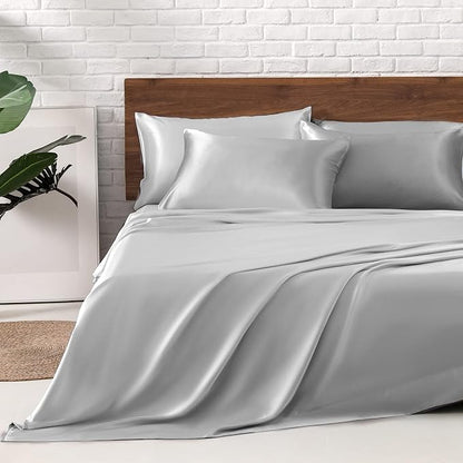 MR&HM Satin Bed Sheets, Queen Size Sheets Set, 6 Pcs Silky Bedding Set with 15 Inches Deep Pocket for Mattress (Queen, Silver Grey)