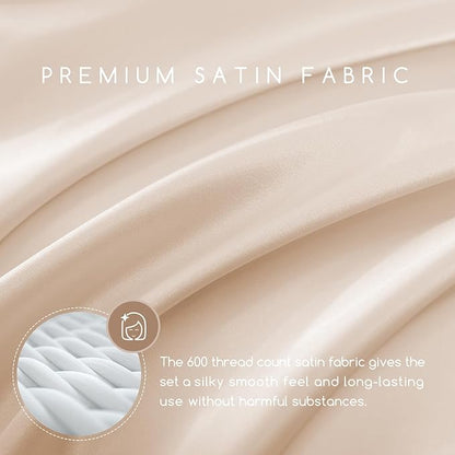 MR&HM Satin Bed Sheets, Queen Size Sheets Set, 4 Pcs Silky Bedding Set with 15 Inches Deep Pocket for Mattress (Queen, Beige)