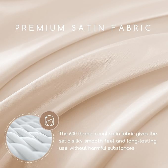 MR&HM Satin Bed Sheets, California King Size Sheets Set, 4 Pcs Silky Bedding Set with 15 Inches Deep Pocket for Mattress (California King, Beige)