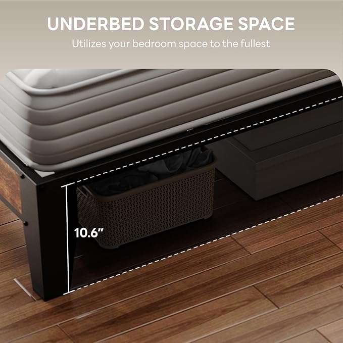 LIKIMIO Full XL Bed Frame, Storage Headboard with Charging Station, Solid and Stable, Noise Free, No Box Spring Needed, Easy Assembly(Vintage and Black)