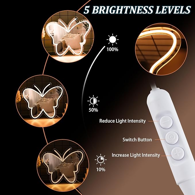 Butterfly Mirror Neon Sign Dimmable USB LED Neon Lights for Ideal Home Decor for Bedroom, Kidsroom, Living Room Parties, Christmas Birthdays Gifts for Girls Women, Boho Mirror Wall Sign Art Gift-White