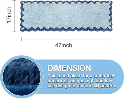 ORTIGIA Long Cute Scalloped Bathroom Rugs Runner, Fun Blue Plush Microfiber Scallop Bath Mats Non Slip Washable Quick Dry Absorbent, Rug for Bathtub Sink Laundry Room Bedroom, 17x47