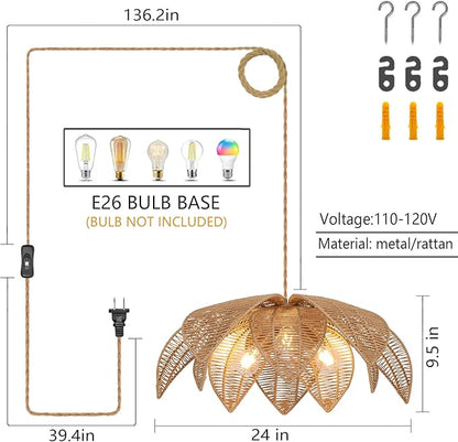 Rattan Plug in Pendant Light with 15FT Hemp Rope Cord Boho Light Fixture Can accommodate 3*E26 Bulbs of Woven Wicker Chandelier for Living Room Bedroom Dinning