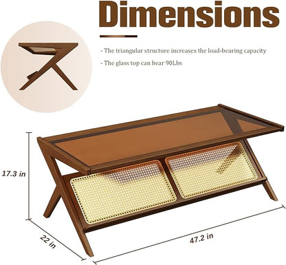 Bamworld Mid-Century Modern Coffee Table with Glass Top Rattan Center Table with Storage for Living Room Table Brown