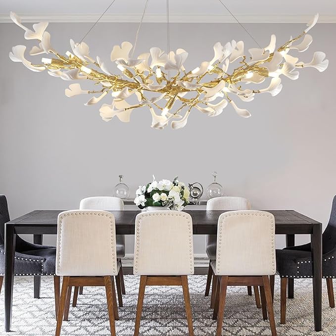 Modern Gold Tree Branch Chandeliers for Dining Room,55" Rectangle Ceramic Ginkgo Leaf Chandelier, Dining Chandelier Over Table,Linear Chandeliers for Dining Room, Living,Kitchen