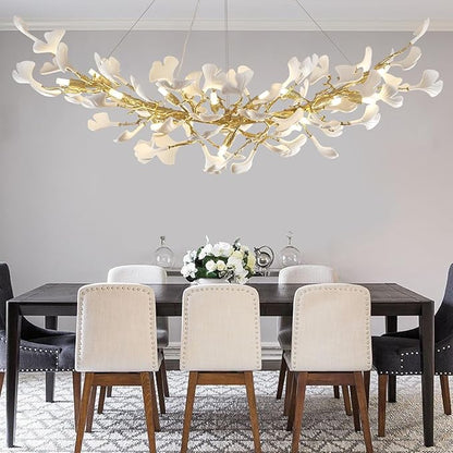 Modern Gold Tree Branch Chandeliers for Dining Room,55" Rectangle Ceramic Ginkgo Leaf Chandelier, Dining Chandelier Over Table,Linear Chandeliers for Dining Room, Living,Kitchen