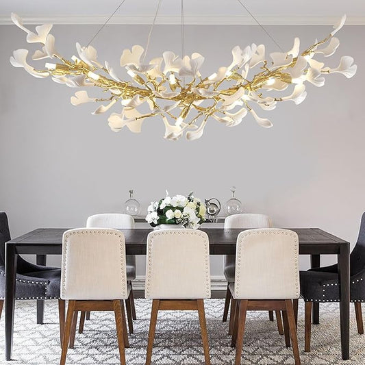 Modern Gold Tree Branch Chandeliers for Dining Room,55" Rectangle Ceramic Ginkgo Leaf Chandelier, Dining Chandelier Over Table,Linear Chandeliers for Dining Room, Living,Kitchen
