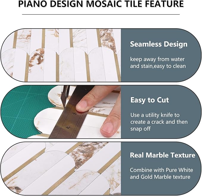 Vamos Tile Peel and Stick Backsplash Seamless Tile,10 Sheets Stick on Backsplash for Kitchen and Bathroom, 12''x12'' White Marble Look PVC Mixed Metal Gold Self Adhesive Fish Scale Mosaic Wall Tiles