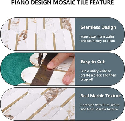 Vamos Tile Peel and Stick Backsplash Seamless Tile,10 Sheets Stick on Backsplash for Kitchen and Bathroom, 12''x12'' White Marble Look PVC Mixed Metal Gold Self Adhesive Fish Scale Mosaic Wall Tiles