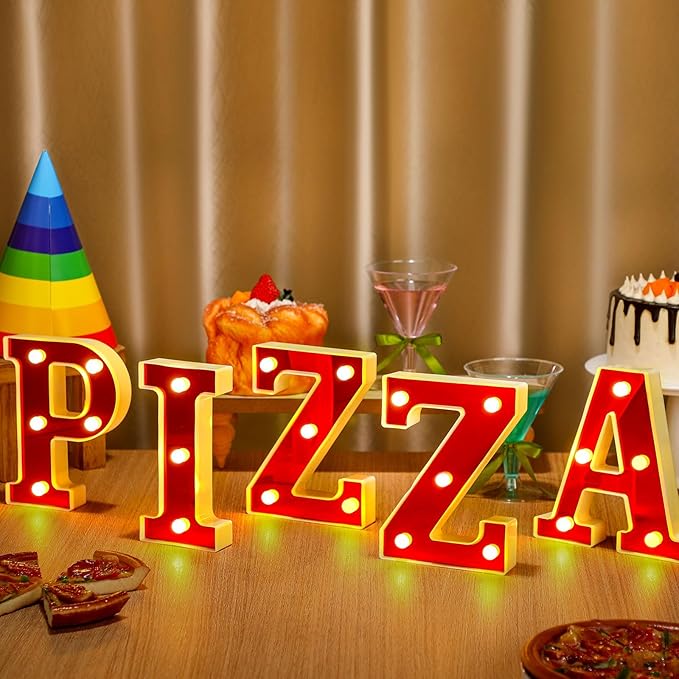 Pizza Light up Letters Sign Party Decorations Battery Powered Marquee Lighted Sign LED Alphabet Letter Lights for Christmas Night Party Birthday Home Tabletop Decor Supplies Xmas Gift