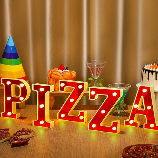 Pizza Light up Letters Sign Party Decorations Battery Powered Marquee Lighted Sign LED Alphabet Letter Lights for Christmas Night Party Birthday Home Tabletop Decor Supplies Xmas Gift