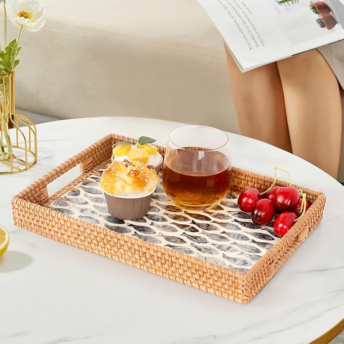 Rectangle Rattan Tray with Mother of Pearl Inlay, Rattan Serving Tray with Handle for Coffee, Bread, Fruits, Snacks, Decorative Wicker Tray for Table Decor (Rectangle Dark Blue Fish, 13"×9")
