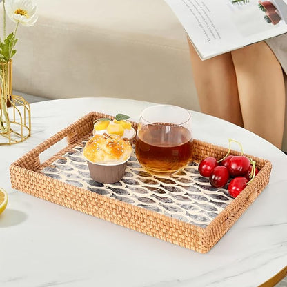 Rectangle Rattan Tray with Mother of Pearl Inlay, Rattan Serving Tray with Handle for Coffee, Bread, Fruits, Snacks, Decorative Wicker Tray for Table Decor (Rectangle Dark Blue Fish, 13"×9")