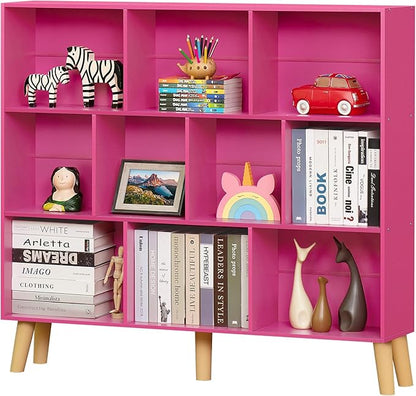 LEYAOYAO 10 Cube Bookshelf,3 Tier Modern Wide Bookcase with Legs,Mid-Century Wood Bookshelves Storage，Pink Large Book Case,Freestanding Organizer Display Shelf for Bedroom,Living Room,Office