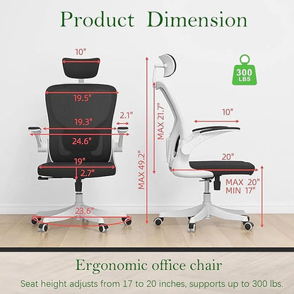 Ergonomic Office Chair, High-Back Mesh Desk Chair with Adjustable Height, Lumbar Support, Flip-Up Armrests,headrest，and Swivel Rolling Design for Home and Office Use