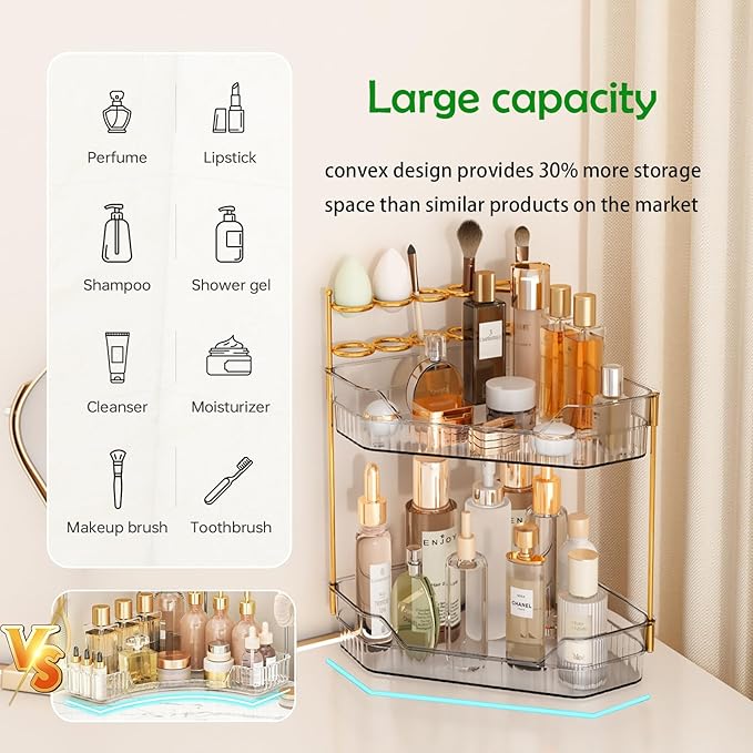 Corner Bathroom Counter Organizer with Makeup Brush Holder & Toothbrush Holders, Makeup Organizer for Vanity Countertop, Acrylic Skincare Storage Shelf (Grey, 2-Tier)