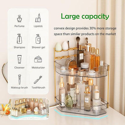 Corner Bathroom Counter Organizer with Makeup Brush Holder & Toothbrush Holders, Makeup Organizer for Vanity Countertop, Acrylic Skincare Storage Shelf (Grey, 2-Tier)