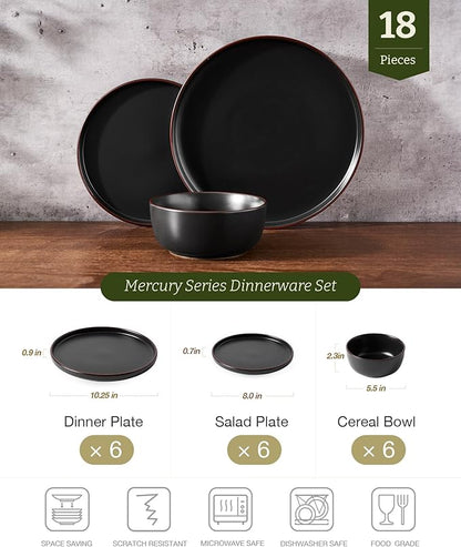 Famiware Mercury Plates and Bowls Sets, 18 Pieces Stoneware Dinnerware Sets, Dishes Set for 6, Microwave and Dishwasher Safe, Matte Black