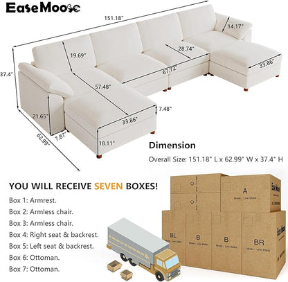 EASE MOOSE Oversized U Shape Sectional Modular Sofa with Ottoman, Comfty Deep Seat Sectional Modular Sofa Couch for Living Room,Removable Cover,White