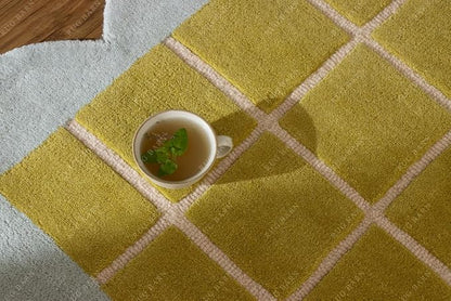 Checkered Wool Area Rug with Scalloped Border, Chartreuse Green & Cream Grid, Hand-Tufted, Soft Cut Pile, Modern Cottagecore Living Room, Bedroom & Nursery Carpet - 5x8 Ft