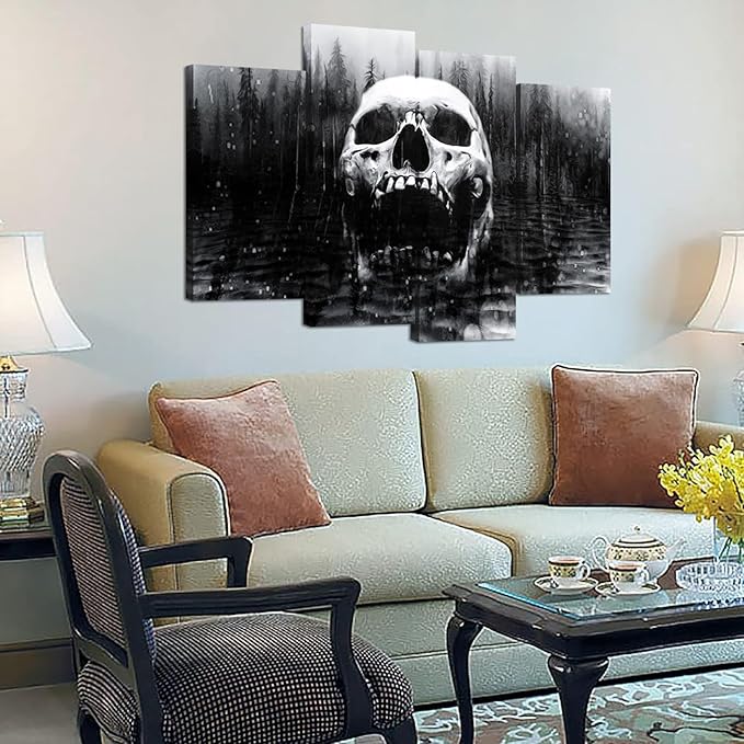 iHAPPYWALL Halloween Day of Dead Skull in Dark Foggy Lake Abstract Black and White Contemporary Picture Print 4 Panel Large Canavs for Modern Home Decoration Ready to Hang