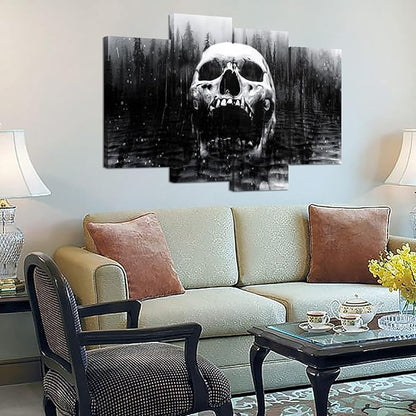 iHAPPYWALL Halloween Day of Dead Skull in Dark Foggy Lake Abstract Black and White Contemporary Picture Print 4 Panel Large Canavs for Modern Home Decoration Ready to Hang