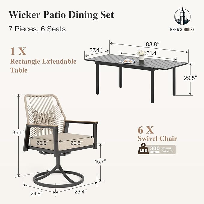 HERA'S HOUSE Patio Table and Chairs Set, Outdoor Dining Set for 7, Outdoor Rattan Dining Set of 6 x Cushioned Woven Rattan Patio Swivel Chairs and 1 x 61”/84” Black Extendable Metal Table