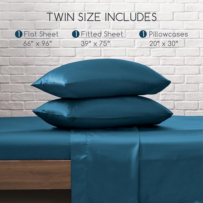 MR&HM Satin Bed Sheets, Twin Size Sheets Set, 3 Pcs Silky Bedding Set with 15 Inches Deep Pocket for Mattress (Twin, Teal)