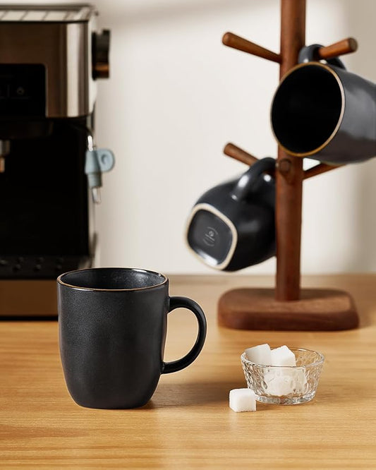 famiware Coffee Mugs Set of 4, Ocean Square 13oz Coffee Cup Set with Handle for Cocoa, Milk, Hot Chocolate, Tea, Water, Stoneware Cups for Kitchen, Microwave and Dishwasher Safe, Matte Black