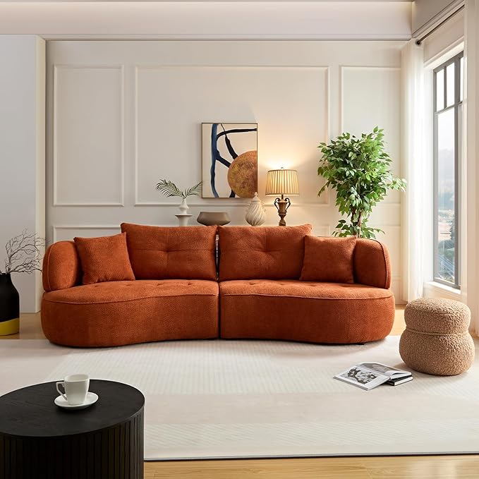 109" Modern Curved Sofa Sectional Couch, Luxury Comfy Boucle Upholstered Couches, Oversized 3 Seater Minimalist Deep Seat Modular Sofas for Living Room,Bedroom, Home Office, Apartment, Orange