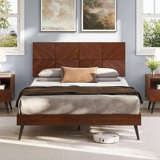 Bme Rhombus Queen Bed Frame – Solid Acacia Wood with Geometric Rhombus Headboard, Walnut Finish, Scandinavian Modern Platform Bed with Sturdy Slats & Metal Legs, No Box Spring Needed