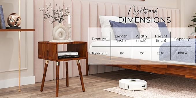 Bme Dinkee Solid Wood Bedside Table Without Drawer for Mid Century Bedroom and Living Room, Dark Chocolate