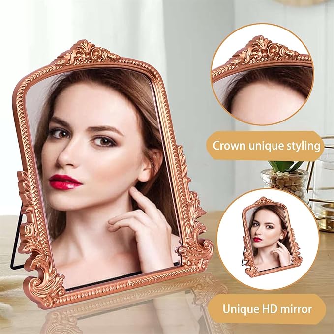 Rose Gold Makeup Mirror, Small Standing Vanity Mirror Decorative Ornate Arched Desk Mirror with Carved Wood Frame, for Bedrooms,Living Rooms Table Top and Salon 11.8" x 9.6"