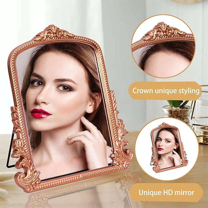 Rose Gold Makeup Mirror, Small Standing Vanity Mirror Decorative Ornate Arched Desk Mirror with Carved Wood Frame, for Bedrooms,Living Rooms Table Top and Salon 11.8" x 9.6"