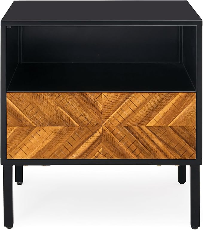 Bme Vivian Solid Wood Nightstand, End Table, Bedside Table with Herringbone Pattern for Rustic Bedroom, Easy Assembly, Rustic Golden Brown and Black