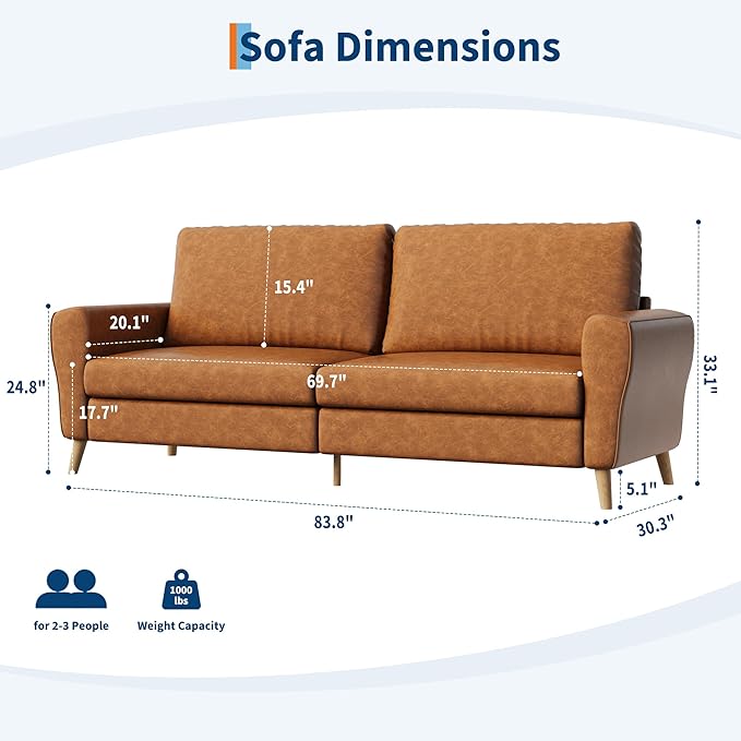 GarveeHome 84" Faux Leather Couch, Brown Couches for Living Room, 3 Seater Sofa with Wide Armrests, Wood Legs, Deep Seats, Mid-Century Modern Loveseat Sofa for Small Spaces, Easy Assembly