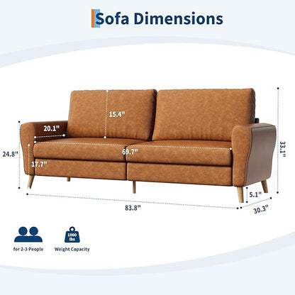 GarveeHome 84" Faux Leather Couch, Brown Couches for Living Room, 3 Seater Sofa with Wide Armrests, Wood Legs, Deep Seats, Mid-Century Modern Loveseat Sofa for Small Spaces, Easy Assembly