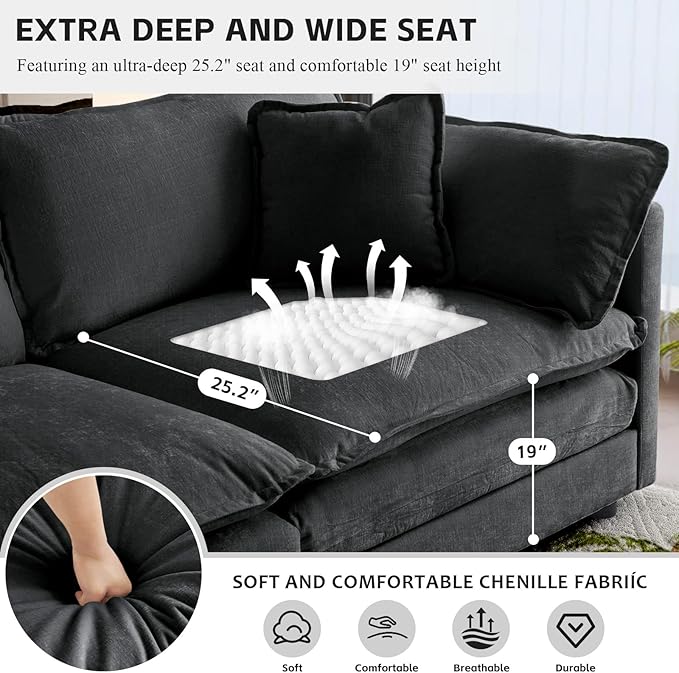 SoarFlash Chenille Sectional Sofa Ottoman,Grey