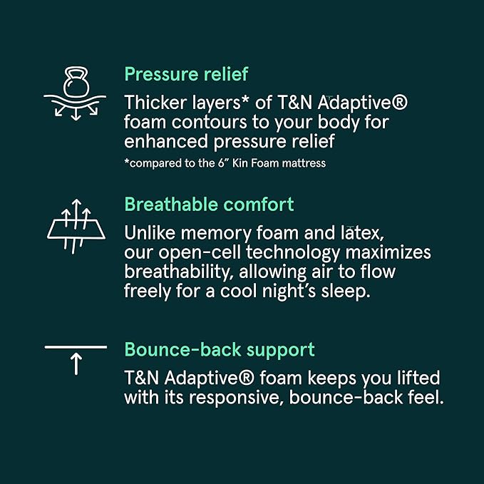 Kin By Tuft & Needle Firm 8" Twin XL Adaptive Foam Mattress in a Box, Cooling Pressure Relief, Balanced Support, 100 Night Trial, Fiberglass-Free, CertiPUR-US, 10-Year Limited Warranty