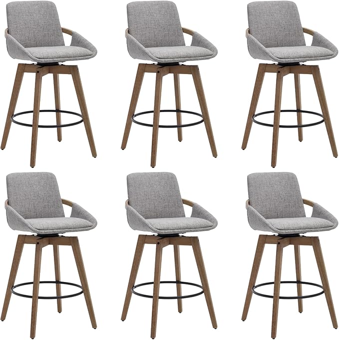Mid-Century Swivel Bar Stools Set of 6, 26.5 inch Counter Height Barstools Linen Fabric Bar Chairs with Wooden Frame for Kitchen Island Dining Room, Grey