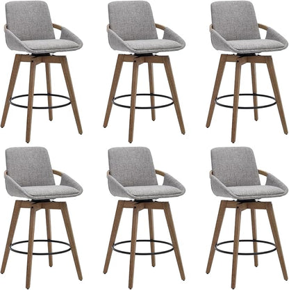 Mid-Century Swivel Bar Stools Set of 6, 26.5 inch Counter Height Barstools Linen Fabric Bar Chairs with Wooden Frame for Kitchen Island Dining Room, Grey