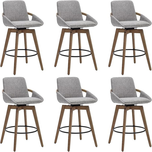 Mid-Century Swivel Bar Stools Set of 6, 26.5 inch Counter Height Barstools Linen Fabric Bar Chairs with Wooden Frame for Kitchen Island Dining Room, Grey
