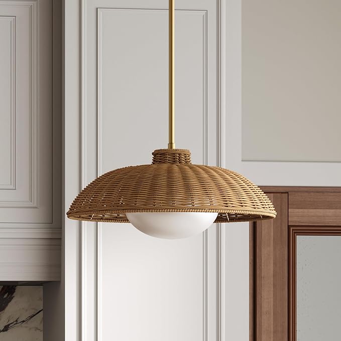 Nathan James Belleville Boho Rattan Pendant Light, Sloped Ceiling Pendant Light with Rattan Shade